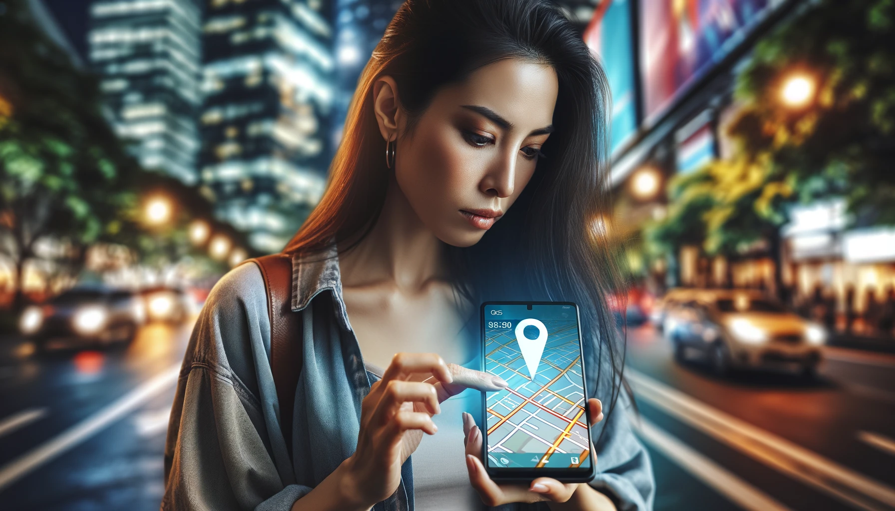 woman using a GPS digital mobile application on her smartphone to search for a place