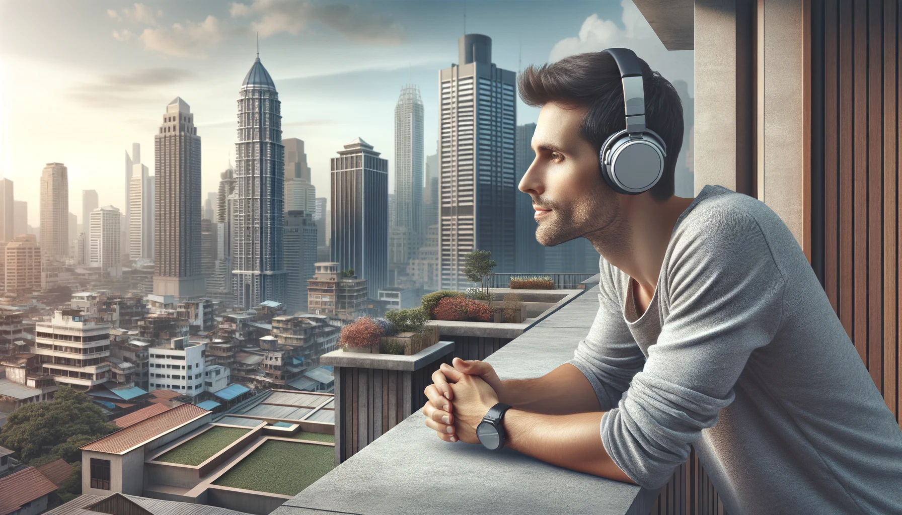 A man wearing headphones on his head, standing on a rooftop terrace