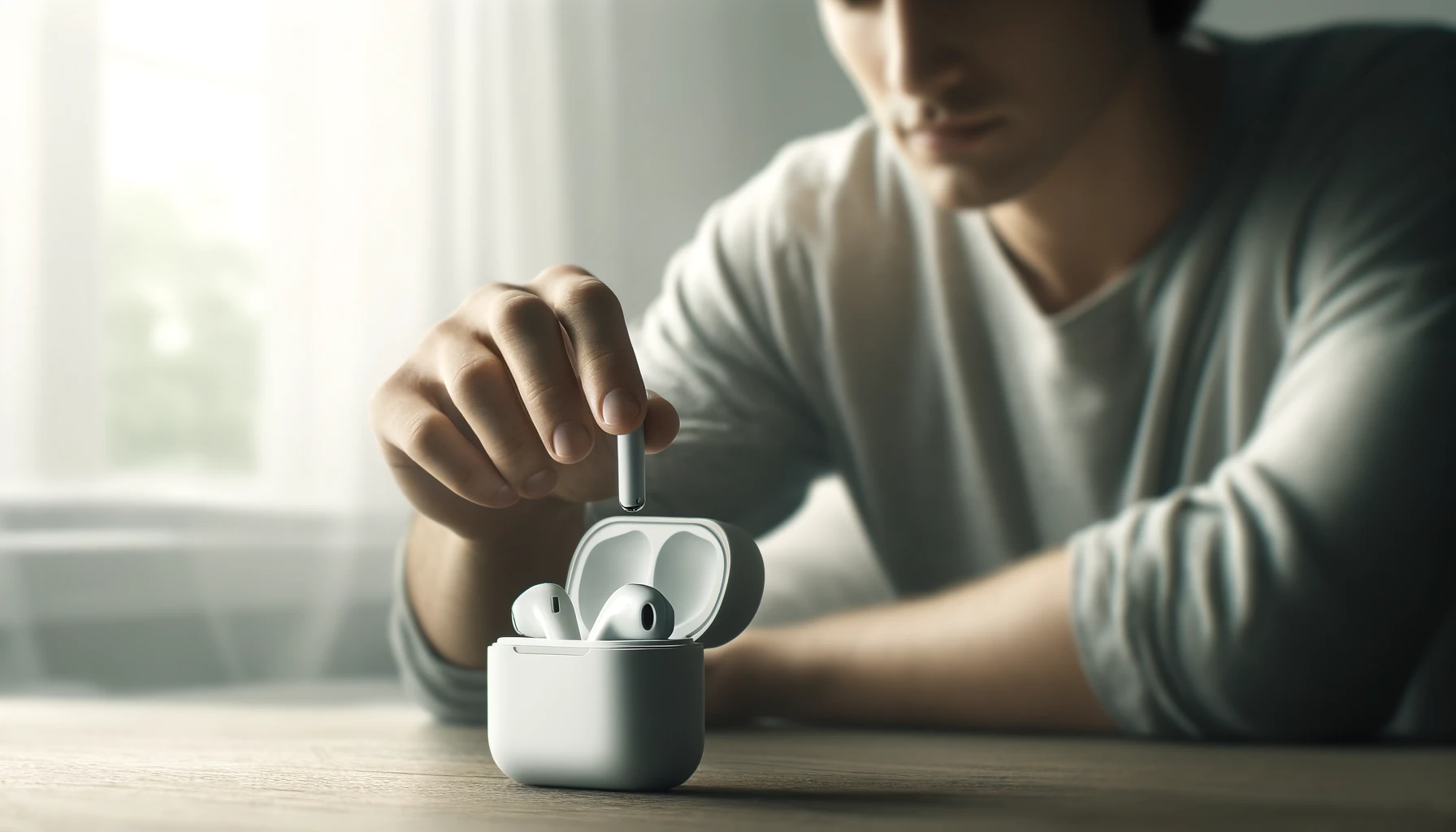 A man taking out a wireless earbud from a charging box