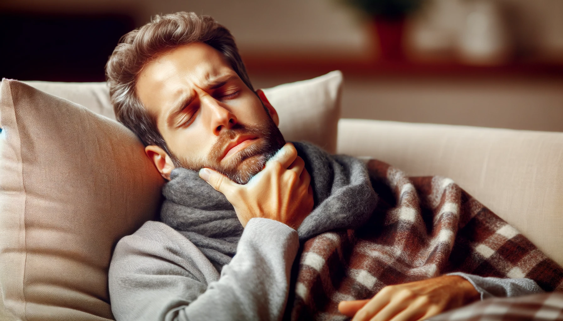 A sick man lying on a couch, visibly unwell with a high temperature, holding his throat with his hand