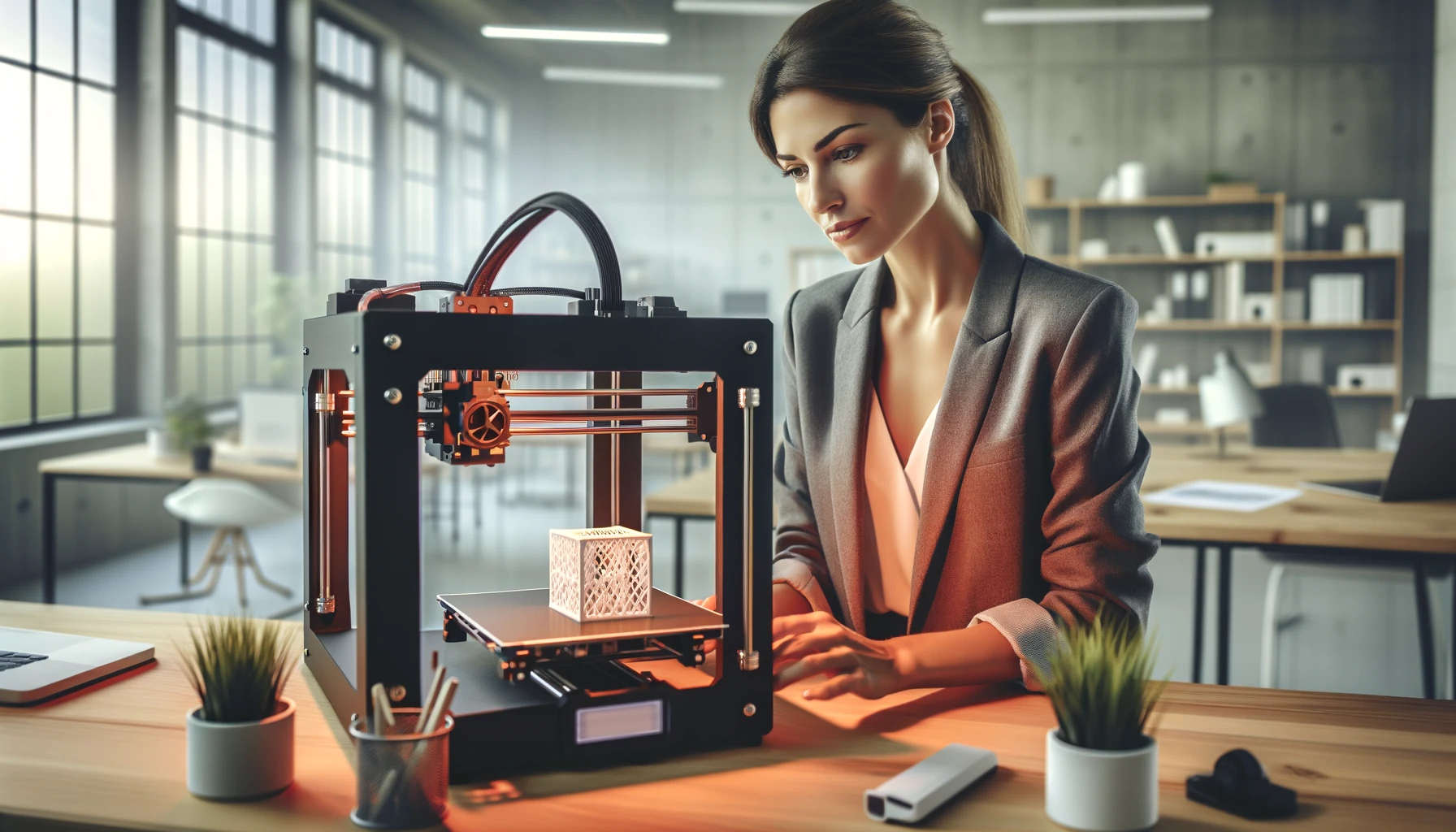 a woman in an office setting with a 3D printer