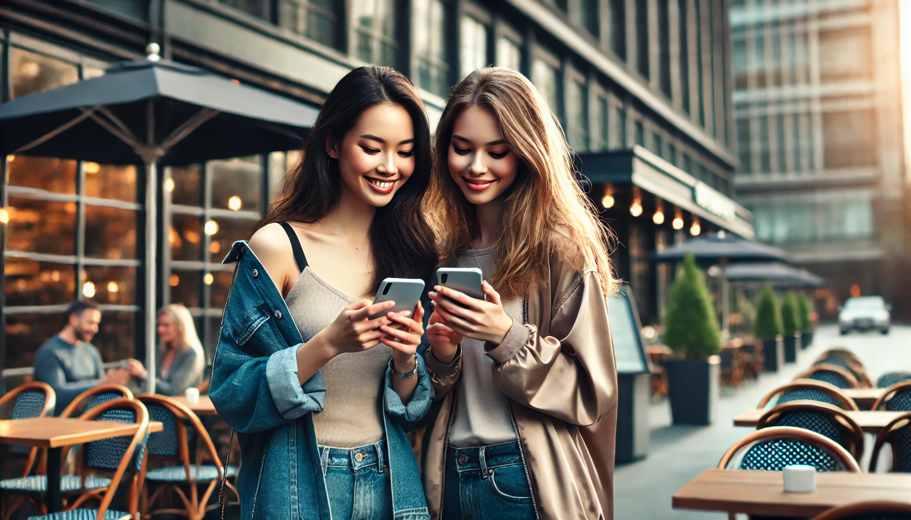 two women standing near a modern restaurant, both smiling as they use their smartphones. They are casually dressed in everyday attire, standing close together, possibly sharing their location or checking something on their phones.
