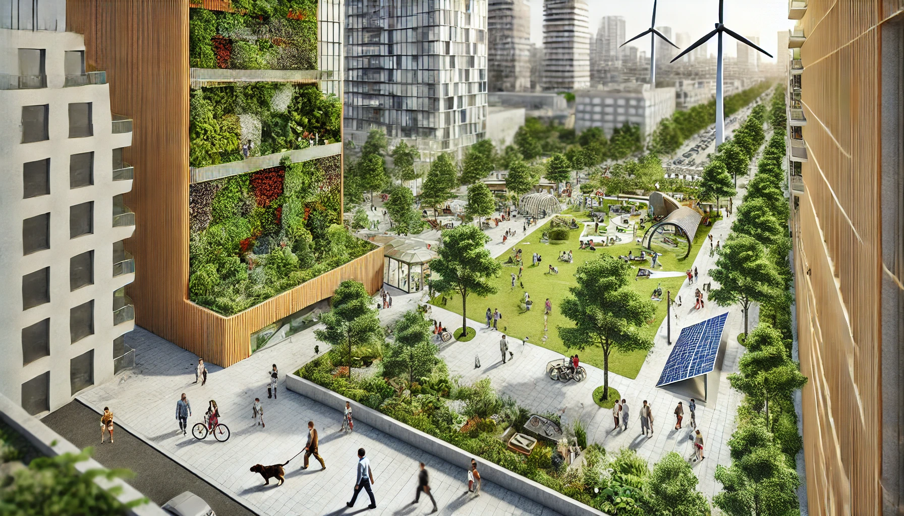 eco-friendly urban park embedded within a cityscape, illustrating advanced sustainability in urban design for 2024.