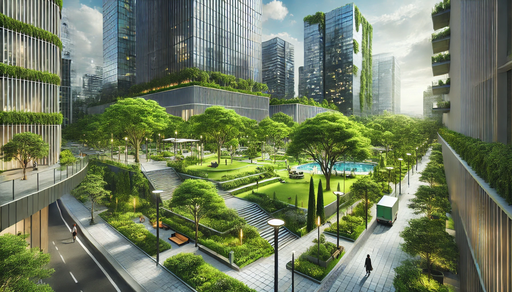 A modern urban park integrated into a city landscape, showcasing green design and sustainability in urban development.