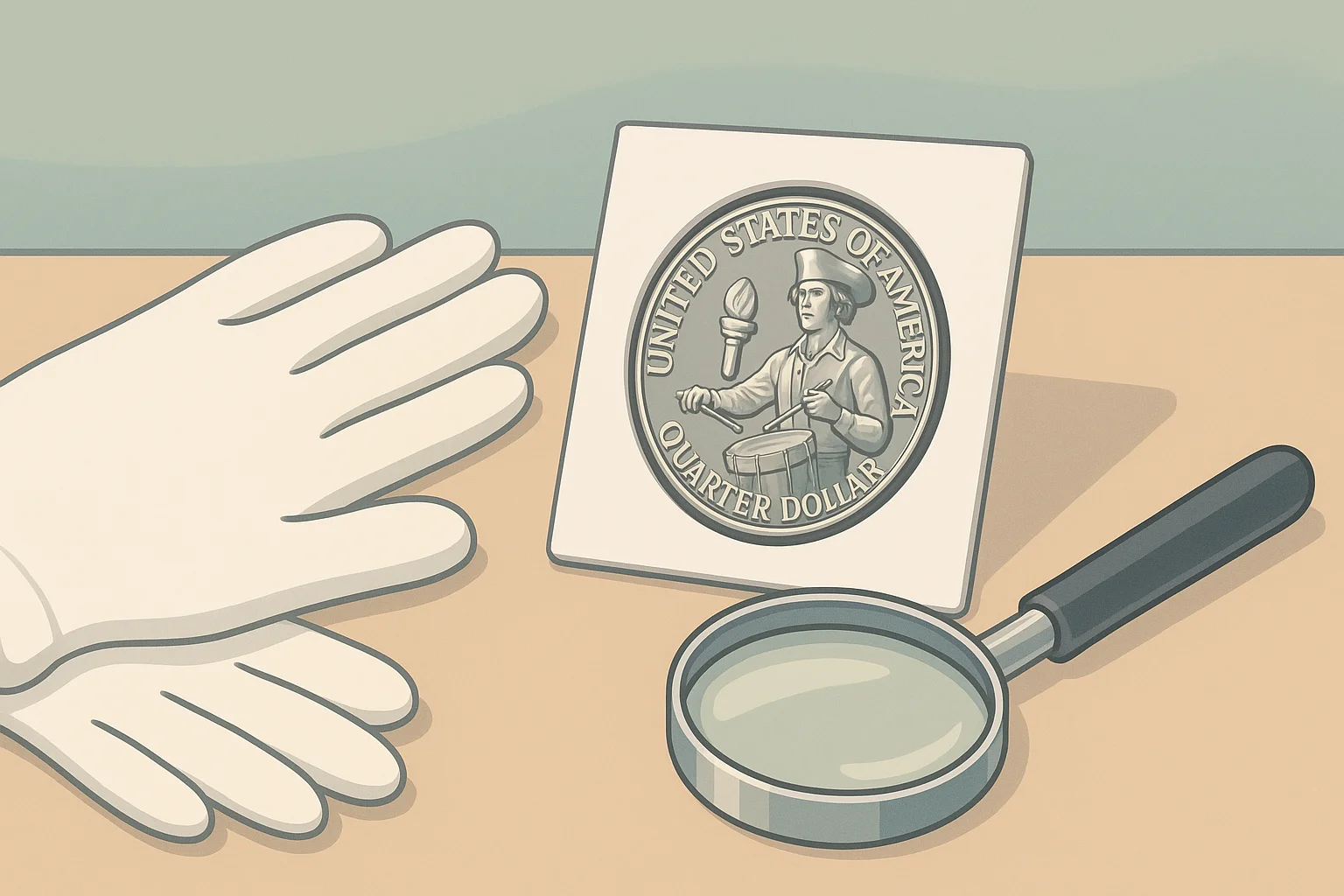  A still life with gloves, magnifying glass, and a bicentennial quarter in a protective cap.