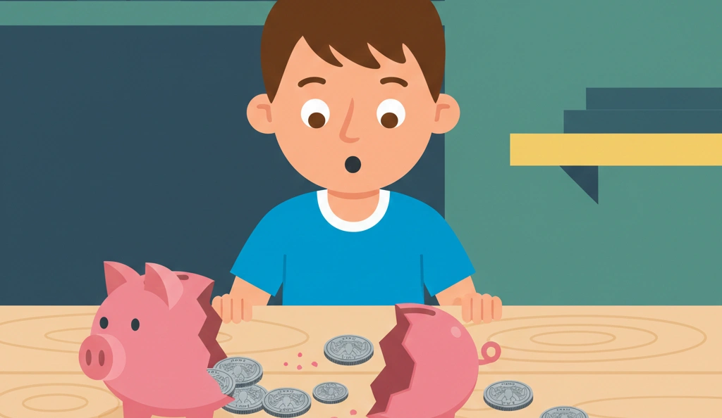 A piggy bank broken open, revealing several 1995 quarter coins scattered across a wooden table, a child looking curious